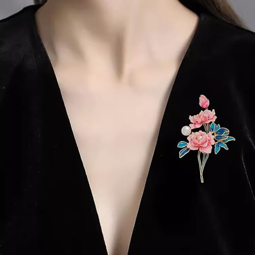 Image of Peony Flower Brooch Elegant Enamel Peony Brooch Lapel Pins Pink Blue Flower Brooch Clothing Hat Suit Bag Jewelry Accessories for Women