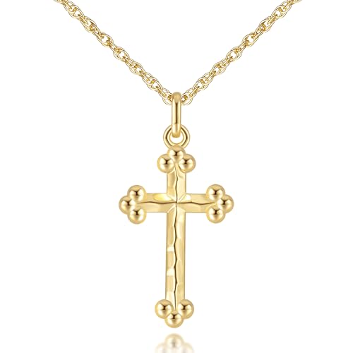 Yezhenhan Collar de cruz para mujer, collares de cruz de oro de 14 quilates para mujer, collar con colgante de cruz de oro para mujer, textura martillada distintiva con extremos de cuentas, colgante