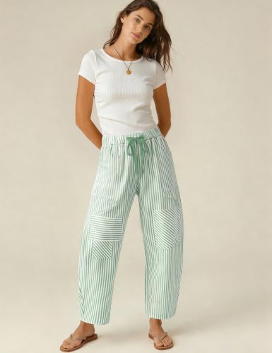 Image of TARSE Womens Striped Linen Barrel Pants with Pockets Y2k Patchwork