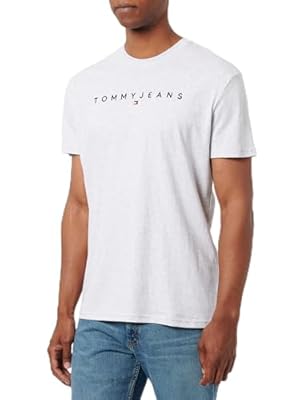 Tommy Jeans Camiseta de Manga Corta Hombre Linear Logo de algodón  Gris  Silver Grey   M