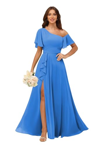Image of One Shoulder Bridesmaid Dresses for Women with Pockets Short Sleeve Ruffled Chiffon Formal Evening Gowns