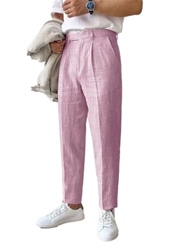Men's Slim Fit Linen Blend Pleated Lightweight Casual Trouser for Beach Wedding