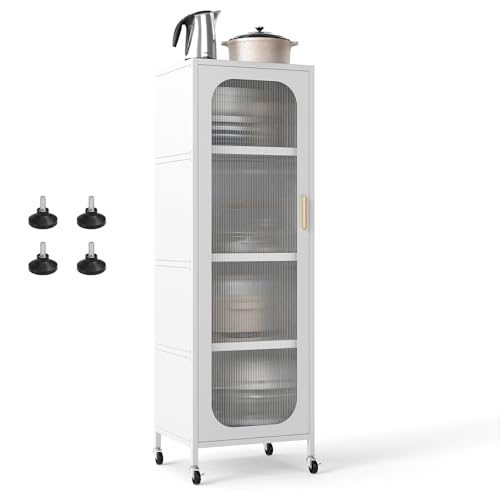 KOMFOTTEU Küchenschrank mit Rollen, 5 Ebenen Buffetschrank mit verstellbaren Regalen, Hochschrank mit transparenter Tür, Mehrzweckschrank für Esszimmer, Wohnzimmer, 45 x 40 x 141 cm (Weiß)