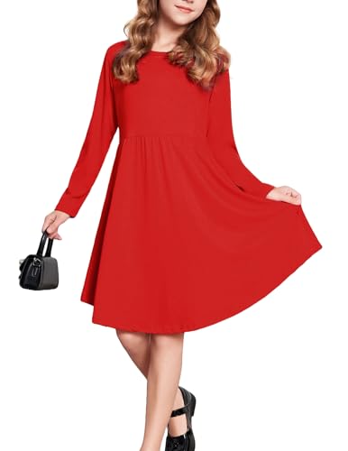 Parabler Mädchen Kleider Langarm Baumwolle Einfarbig Kleider Kinder Fest...