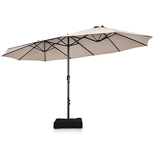 COSTWAY 4.6m Double-Sided Parasol with Base and Crank Handle, Outdoor Extra Large Sun Umbrella, Portable Market Sunshade Shelter Canopy for Garden Patio Beach (Beige)
