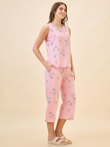 Image of AV2 Women's Cotton Printed Round Neck Short Sleeve Night Suit Set | Capri Set | Casual Night Dress for Women-2127