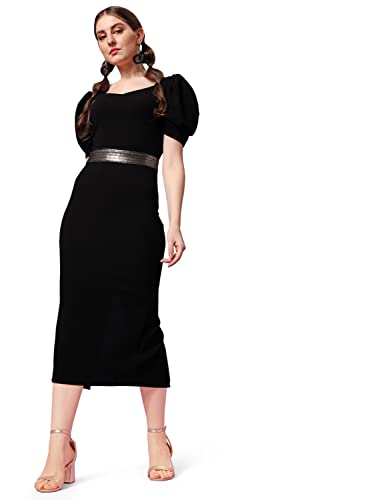 Image of Sheetal Associates Women's Puff Sleeves Sweetheart NeckSlit Bodycon Casual Midi Dress
