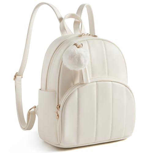 Image of ECOSUSI Mini Backpack for Women Vegan Leather Quilted Small Backpack Purse | Cute Pom Bookbag for Ladies Travel Shoulder Bag with Charm Tassel, Beige