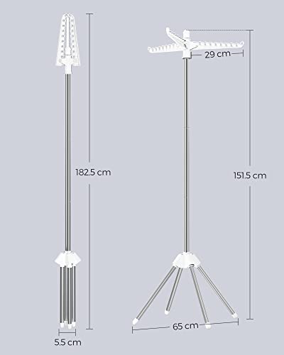 SONGMICS Clothes Airer, Clothes Drying Rack with 3 Rotatable Arms for Hangers, 4-Leg Indoor Folding Laundry Rack, Stainless Steel, for 27 Pieces of Clothes, 151.5 cm High, White and Silver LLR510W01 - Image 7