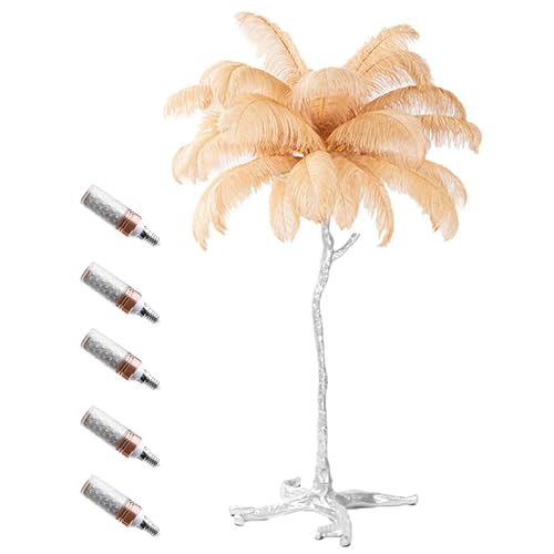 Lámpara romántica para Dormitorio de niña, lámpara de pie de Plumas de Avestruz Natural, Cuerpo de Resina Plateada, lámpara de pie, 3 Colores, Regulable, con Interruptor de pie, Bombilla LED E14, Col
