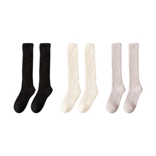 3 Pairs Fluffy Knee High Socks Long Winter Warm Socks Soft Fuzzy Thick Socks Christmas Slipper Socks Black White Khaki