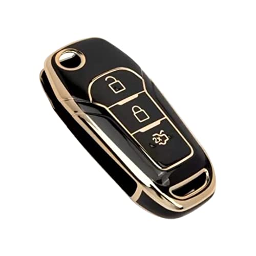 Image of TPU Premium Car Key Cover Compatible with Ford Endeavour | Figo Aspire | Freestyle | 2017, 2018, 2019 Model | 3 Button Flip Key (Black)