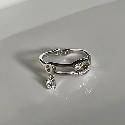 Rhinstone Charm Safety Pin Open Statement Ring 925 Sterling Silver Cubic Zirconia Paperclip Adjustable Stacking Knuckle Finger Bands Wedding Anniversary Eternity Rings Dainty Cute Jewelry Birthday4
