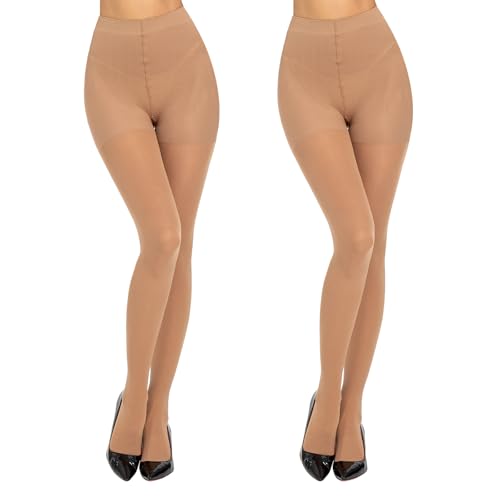 MANZI Damen Kompressionsstrumpfhose 10-15mm/Hg Shape Strumpfhosen Blickdichte mit Bauchweg und Po-Lifting Figurformende Stützstrumpfhose 50 DEN 2 Paar Natur XL