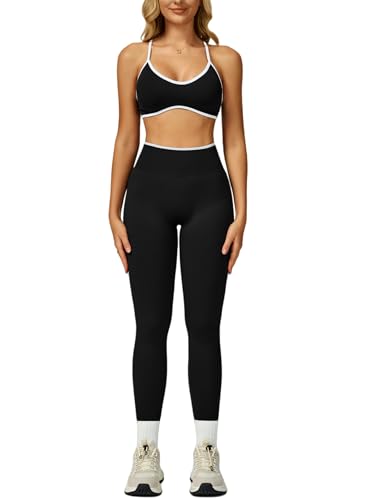 ABOCIW Womens 2 Piece Workout Sets Seamless Color Block Sports Bra Scrunch Butt Lifting High Waist Leggings Gym Set