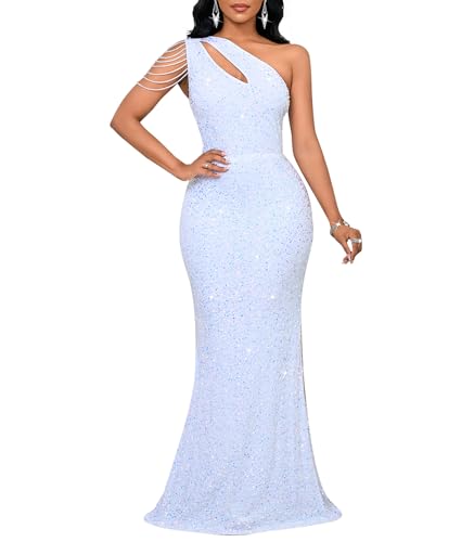 Image of Cololura Women Sequin Elegant Sexy One Shoulder Tassel Mermaid Bodycon Cocktail Evening Dress