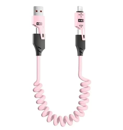 Image of 4-in-1 Fast Charging Cable 65W - USB & Type-C to Type-C /L Multi-Device Spring Coiled Charging Cable - Universal High-Speed Data Cable for iPhone, Android, iPad, Laptop & More