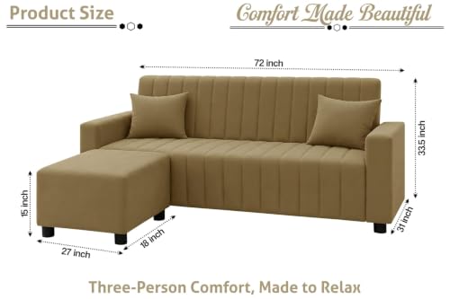 Image of Rosebell Three Seater Sofa with Ottoman | Living Room Couch | with Cushions | Sofa for Home, Apartment & Office-Golden