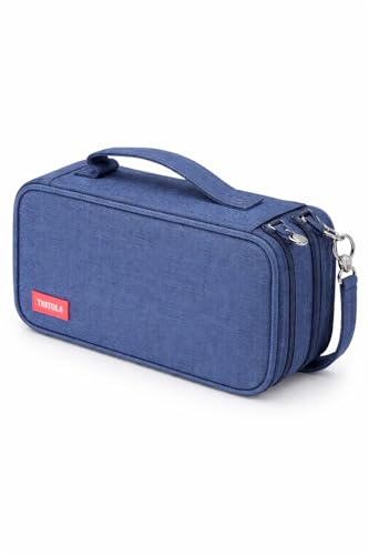 Estojo Escolar Grande Organizador com 2 Divisórias, Zíper Duplo, Bolsos Internos, Alça Portátil e Compartimentos Elástico – Estojo para Lápis e Canetas Masculino/Feminino Escola (Azul Marinho)