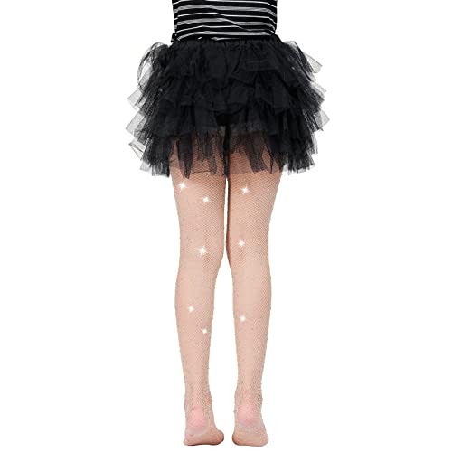 MANZI Rhinestone Fishnets Tights for Girls White Sparkly Black Tights for Girls Fishnet Stockings (Pack of 2)2
