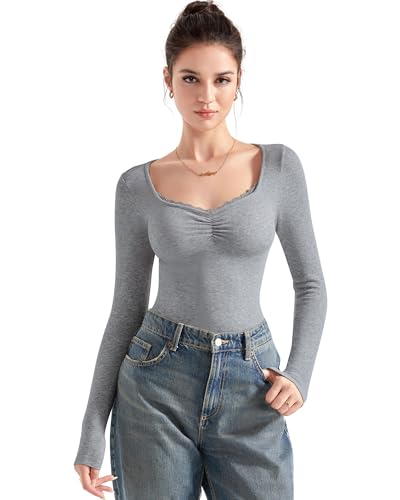 Image of SUUKSESS Women Sweetheart V Neck Long Sleeve Tops Lace Trim Ribbed Modal Fall Going Out Shirts
