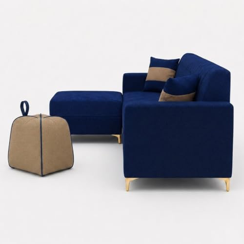 Image of FURNY Signature Regalia 4-Seater L-Shape Sofa Set with Movable Ottoman & Accent Suri Pouf | Flexible LHS /RHS Layout | Boston Fabric | 40D Foam + Zigzag Spring | 3-Yr Warranty (Midnight Blue, Beige)
