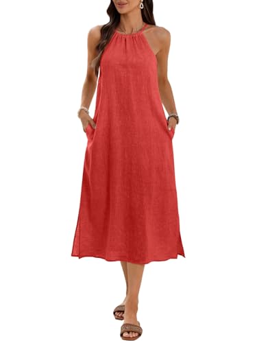 Image of Women's 100% Linen Midi Dress Halter Neck 2026 Dress Sleeveless Flowy Beach Sun Dresses with Pockets