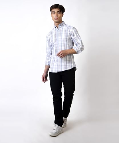 Image of TrapNation Men Regular Fit Checkered Full Sleeves Button Down Collar Casual Shirt (in, Alpha, S, Regular, Grey)