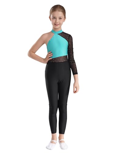 Yruioon Maillot de gimnasia para niña, con purpurina, un hombro, manga larga, traje de cuerpo entero, patinaje artístico, mono deportivo, traje de danza, azul verde, 170-176