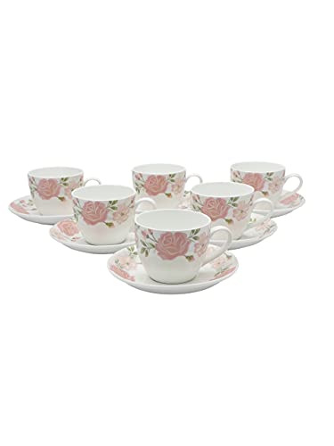 Image of Clay Craft Fine Ceramic Cup&Saucer Set of 12 (6 Tea Cups+6 Saucers) White Pink Floral Can Be Used for Birthdays,Anniversaries,Parties,Mother,Father,Sister,Medium (Cc-Cs12-Cream-S341),180 Milliliter
