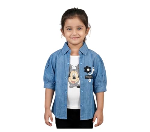 Image of Kids' Denim‑Look Chambray Shirt with Sewn‑in Tee, Puff Sleeves, Casual Layered Top