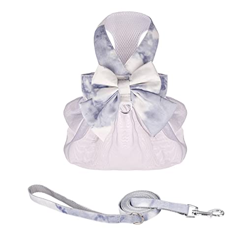 Image of HDKUW Dog Harness Dress with Leash Set,Sweet Colorful Bow Dog Dress Soft Tutu Vest Pet Clothes for Cats Puppy Small Dogs Gray S