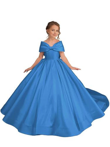 Satin Flower Girl Dress with Bow Off Shoulder First Communion Dress for Girls Pageant Dresses