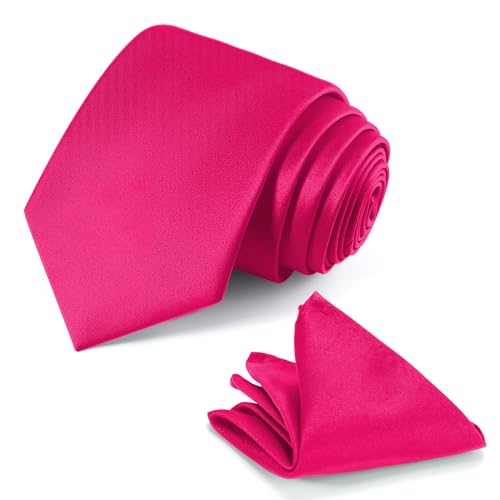 JUNMEISI Hot Pink Tie Set in Gift Box Mens Solid Color 3.15 (8CM) Hot Pink Necktie and Pocket Square Set