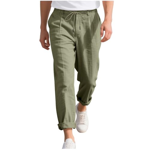 Linen Pants for Men Drawstring Breathable Elastic Waist Straight Leg Pants Solid Color Lightweight Long Trousers