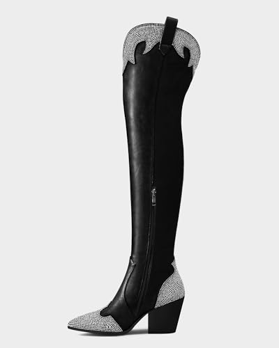 MUCCCUTE Cowboy Boots for Women Black Thigh High Boots - Fashion Cowgirl Over The Knee Boots with Rhinestone - Pointed Toe Chunky Heels Side Zipper Fall Tall Boots for Ladies2