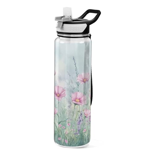 Burbuja Watercolor Wildflowers in Meadow (3) 32 oz Water Bottle with Straw Lid, Leakproof & BPA Free Tritan Bottle for Gym Fitness Outdoor Sports