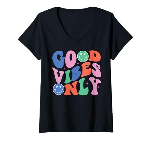 Donna Good Vibes Only Peace Sign Love anni '60 '70 Retro Groovy Hippie Maglietta con Collo a V