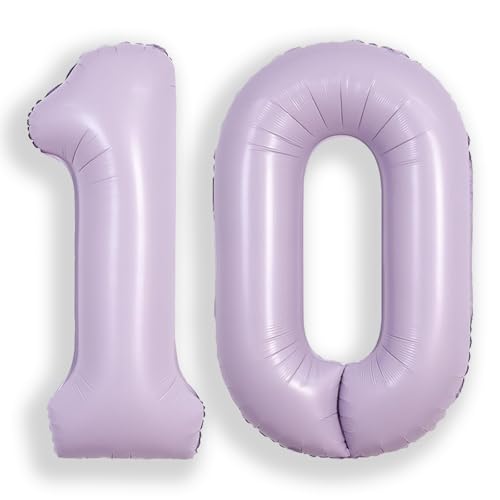 Image of SUWEN 40 Inch Light Purple Large 10 Balloon Number Big Foil Helium Lavender Number Balloons Huge Mylar 0-9 Giant Jumbo Happy 10th Birthday Party Anniversary Decorations