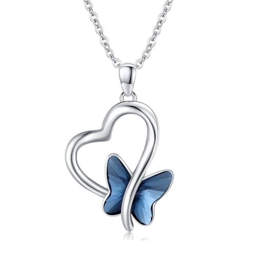 Butterfly Necklace 925 Sterling Silver Heart Butterfly Pendant Necklace with Moonstone Crystal Butterfly Jewelry Gifts for Women Girls