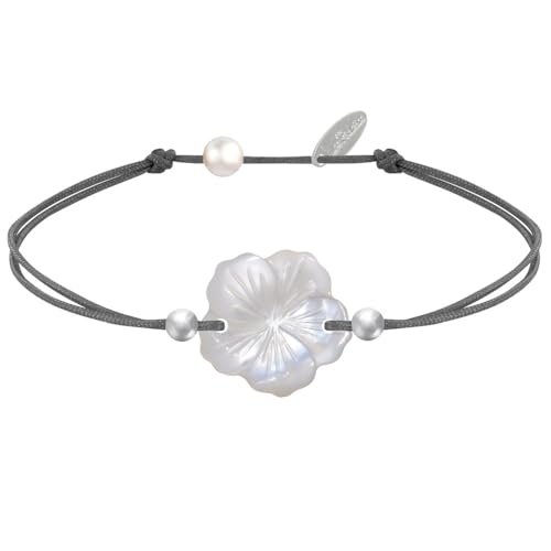 LES POULETTES BIJOUX - Bracelet Lien Fleur de Nacre Ivoire et Perles d'Argent 925 - Classics - Gris