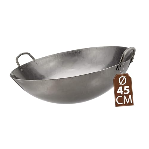 JADE TEMPLE Wok aus Carbonstahl, mit rundem Boden und 45 cm Durchmesser, mit Doppelgriff, Grau