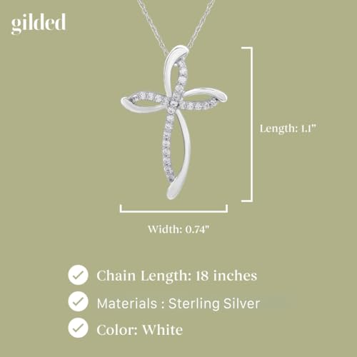 GILDED 10K White Gold Necklace for Women with Natural Round-Cut Diamond and Swirl Cross Pendant-Necklace, 18" Rope Chain, 925 Sterling Silver Necklace and 18" Cable Chain, 1/4 Carat Total Weight Diamonds & Elegant Gift Box Included4
