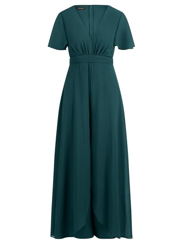 APART Fashion Damen Chiffon Jumpsuit, Tiefer V-Ausschnitt Abendkleid, Kurze Volant-Ärmel, Weites Bein Cape Style Hose, Elegantes Sommer Outfit, Ideal als Brautjungfern Kleid, Hochzeitsgäste Kleid
