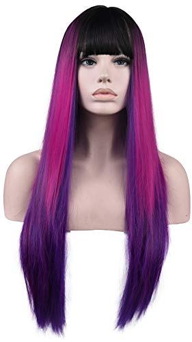 SEIEKA Synthetic Women Wig with Bangs Ombre Color Long Hair Straight with Root Girl Party Cute Cosplay Heat Resistant - Black Purple
