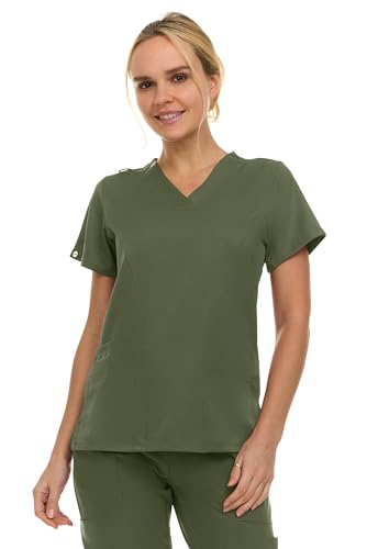 MediChic Women's V-Neck Scrub Top - 3-Pocket, 4-Way Stretch, Comfortable Medical Uniform, Olive Large