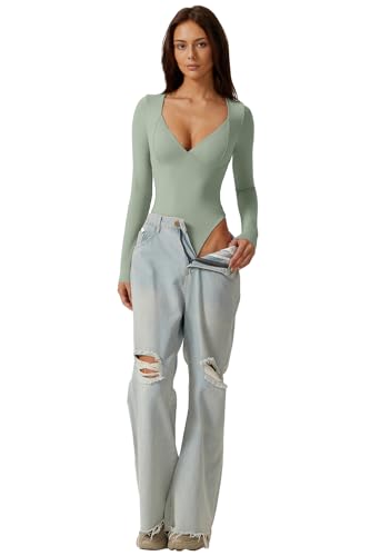 Image of QINSEN Women's Long Sleeve Bodysuit V Neck Body Suits Seamed Cup Going Out Tops Shirt
