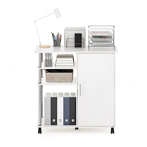 Image of Furinno Helena Multipurpose Storage Cabinet /Shelves,Printer Stand with Lockable Wheels, Stainless Steel Tubes, White Oak /Chrome