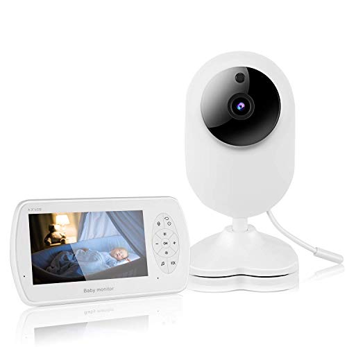 PREUP Vigilabebés con Cámara 1080P Monitor de Video Inalámbrico con Pantalla de 4.3 Pulgadas, Sensor Temperatura, Despertador Automático y Canciones de Cuna para Monitoreo de Bebés/Mascotas (Blanco)