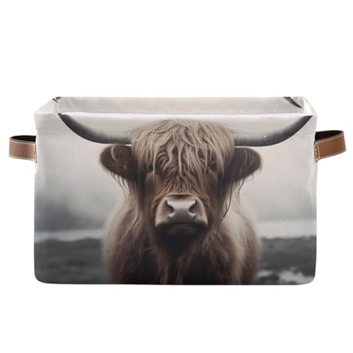 Image of YEGAME Storage Basket Highland Cow Rectangular Collapsible Canvas Shelves Storage Bins with Leather Handles for Shelves Home Closet Bedroom Living Room, 1Pack